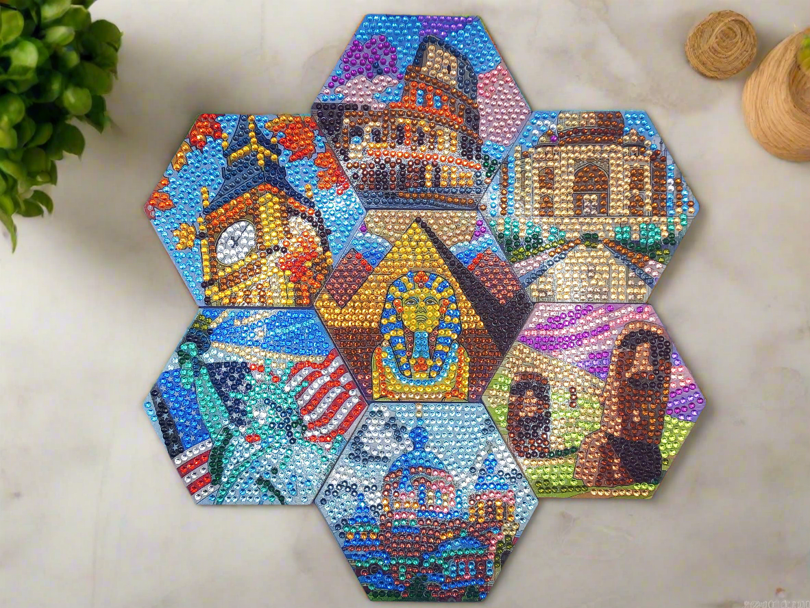 8pcs Diamond Art Iconic Landmarks Coaster & Stand Set