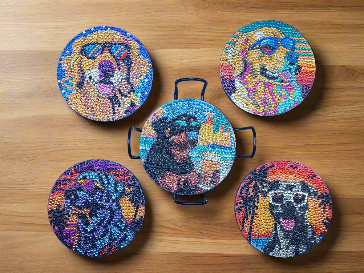 7pcs Diamond Art Sunglasses Dog Coaster & Stand Set