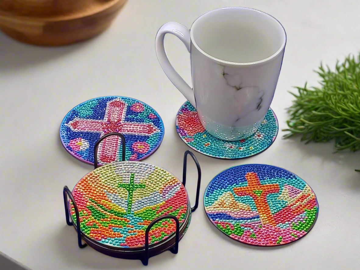 9pcs Diamond Art Cross Coaster & Stand Set