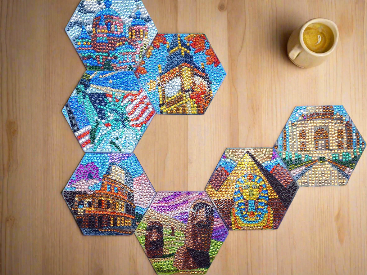 8pcs Diamond Art Iconic Landmarks Coaster & Stand Set