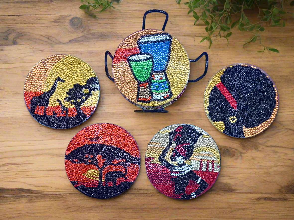 *STAR PRODUCT* 9pcs Diamond Art 'African Inspired' Coaster & Stand Set