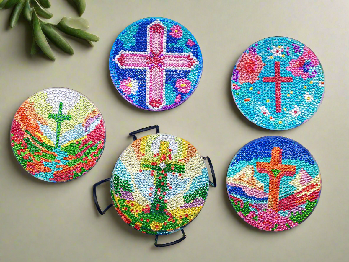 9pcs Diamond Art Cross Coaster & Stand Set