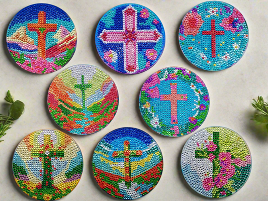 9pcs Diamond Art Cross Coaster & Stand Set